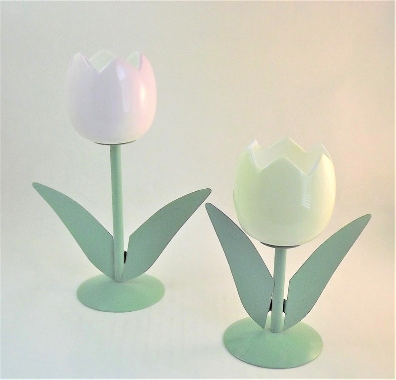 Spring Flower Table Centerpiece Set of 2 Tulip Candle Holders Vintage Ceramic Glass Candleholder Pink and Yellow flower tea light Holder