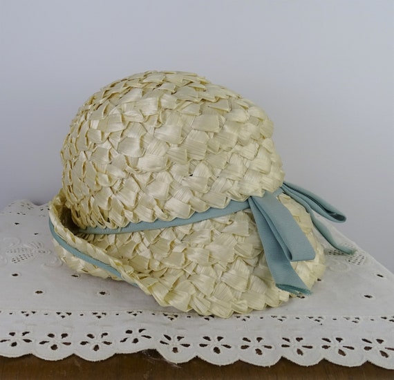 Vintage Straw Cloche Hat with Blue Ribbon, Vintage