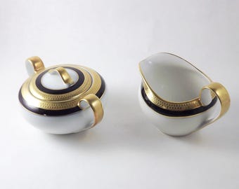 Kobaltblau und Weißgold Band Keramik Porzellan Zuckertopf und Milchkännchen Set, Vintage Hutschenreuther Hohenberg Deutschland