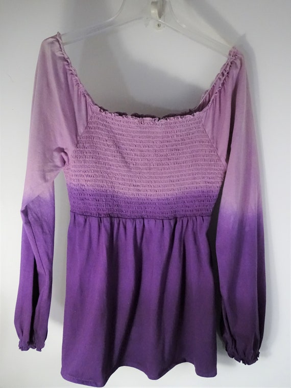 Purple Tie Dye Peasant Top, Flower Embroidered Sh… - image 3
