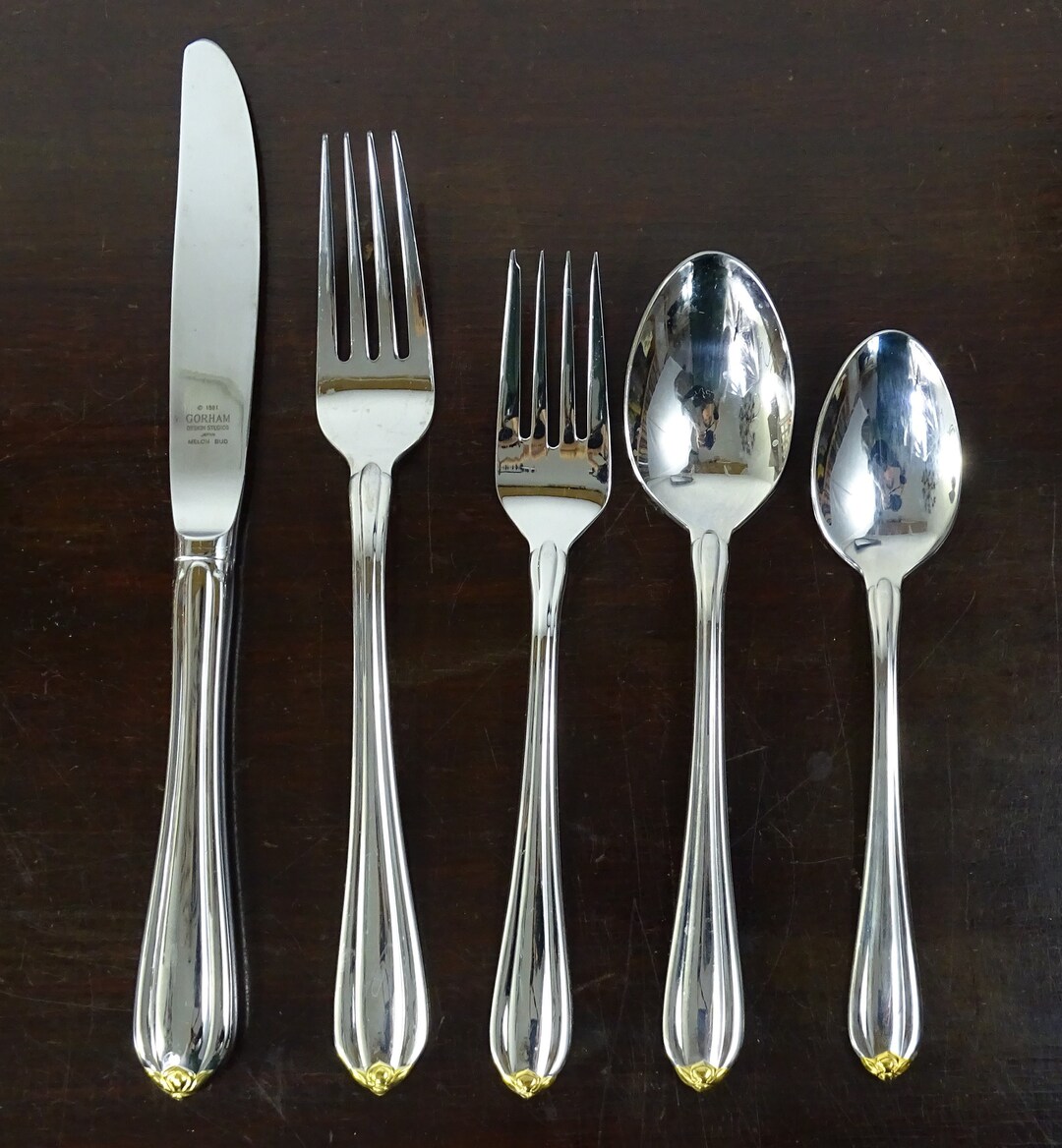 Stainless Steel Silver and Gold Flatware Place Setting, Vintage 1980's