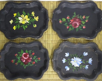 Set of 4 Small Vintage Tole Hand Painted Black Steel Metal Trays, Pink Roses, Yellow Flowers, Blue Daisy, Trinket Dish, Wall Art