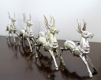 Vintage Silver Reindeer, Lot set of 6 Plastic Caribou Deer Herd, 40s Vintage Art Deco Christmas Decor, Bradford Putz Tabletop Ornament