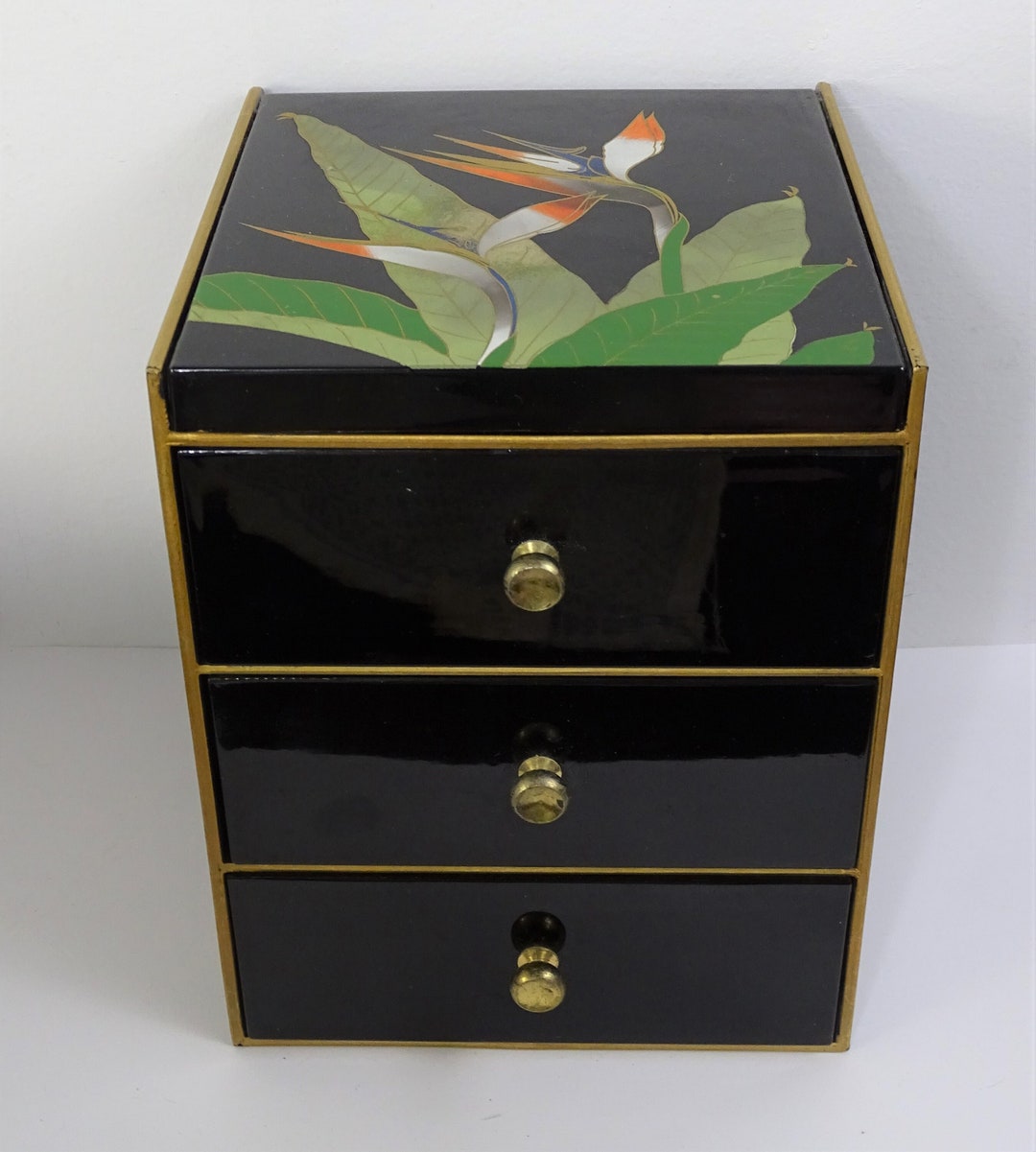 Vintage Black Lacquer Jewelry Box Bird of Paradise Flower Etsy