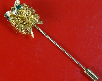 Vintage Gold Wire Owl Stick Pin , Green Rhinestone Eye Metal Stickpin, Bird Lapel Brooch