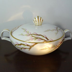 May include: White porcelain serving bowl with lid, featuring a floral design of pink and green buds on brown branches. The bowl has gold trim and handles, and a shell-shaped finial on the lid.