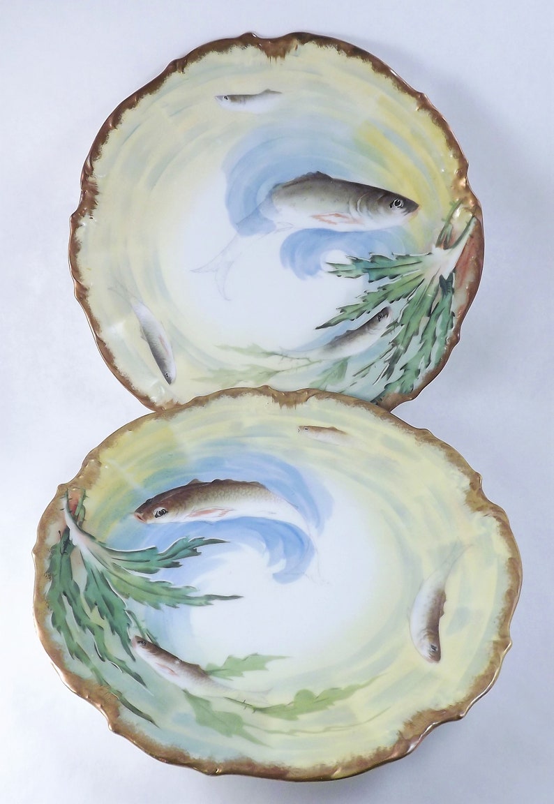Hand Painted Antique Fish Plate Set of 2 1900s Victorian Etsy