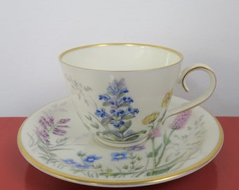 Small Flower Demitasse Tea Cup and Saucer Set, Gold Band China, Vintage Meadow Wildflower Franconia Krautheim Selb Bavaria  Series G and M