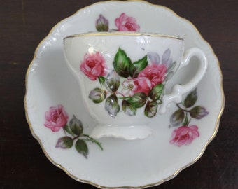 Wild Rose Flower Demitasse Tea Cup and Saucer Set, Vintage Made in Japan, Gold Band China