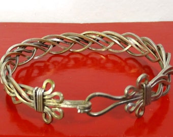 Vintage Braided Woven Silver Wire Metal Bangle Bracelet, Hook Clasp