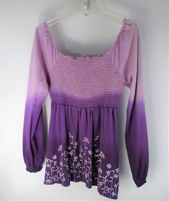 Purple Tie Dye Peasant Top, Flower Embroidered Sh… - image 2
