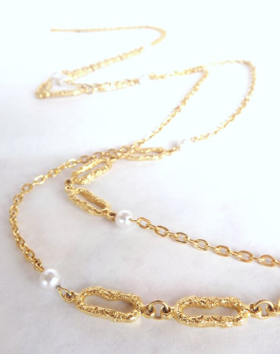 Gold Pearl Necklace, Extra Long Chain Necklace, Vinta… Gem