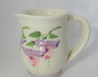 Hand Thrown Fuchsia Flower Cream Pitcher, Vintage Handmade Pottery Ceramic Creamer