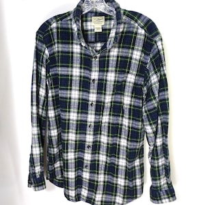 Camisa vintage de franela de algodón LL Bean: cuadros azules y verdes, talla M para hombre
