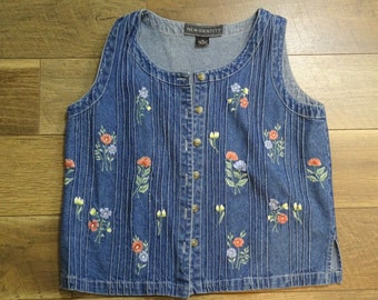 Women's Vintage Blue Jean Embroidered Flower Vest, 90's Cotton Faded Denim, Button up, Size Small Medium M