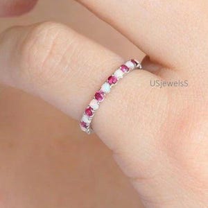 14k White Gold Opal Ruby Half Eternity Band Ring – Antique Style Stacking Wedding Engagement
