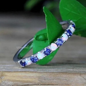 2mm Opal Sapphire Wedding Band 14k White Gold Half Eternity Stacking Ring Blue Gemstone Stackable Ring Blue Birthstone Ring
