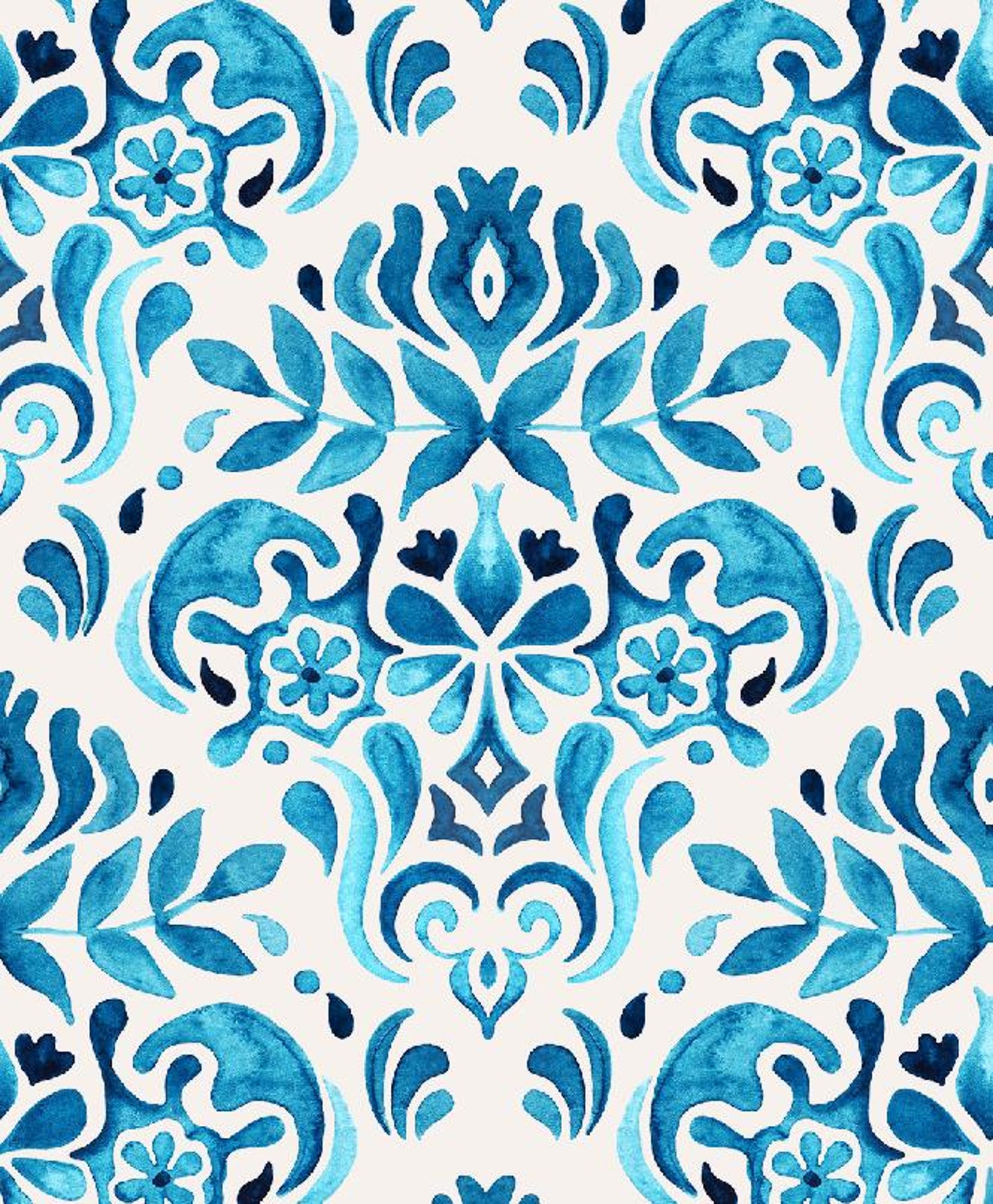 Elegant Blue Damask Seamless Pattern | Hand-painted Watercolor Design ...