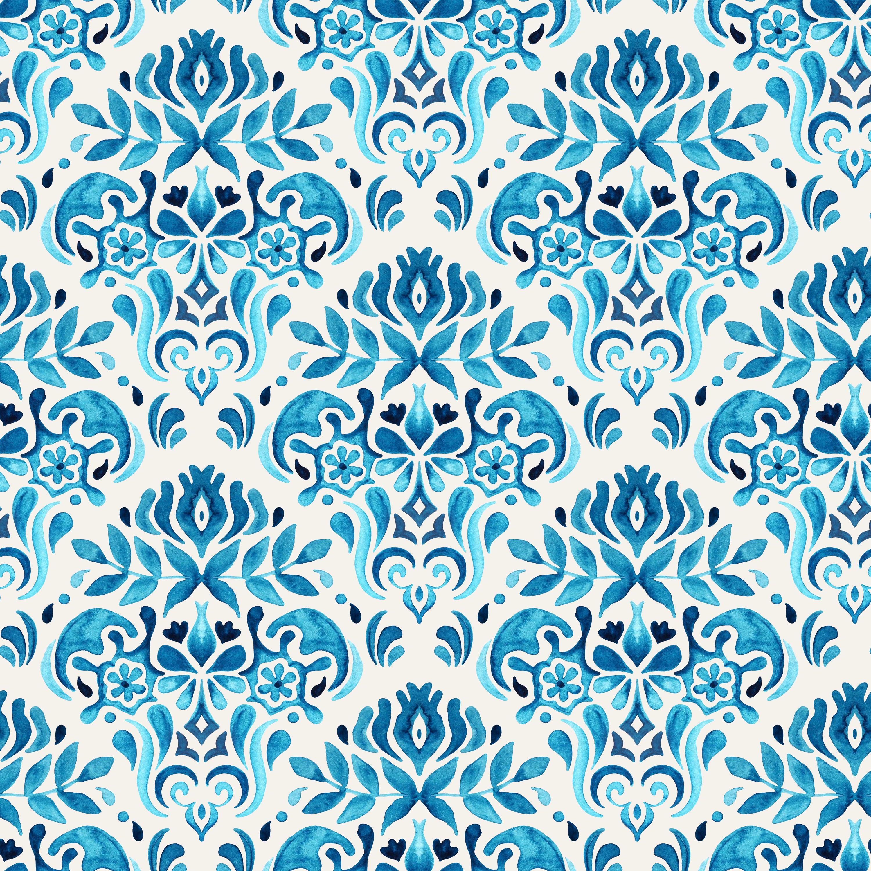 Elegant Blue Damask Seamless Pattern | Hand-painted Watercolor Design ...
