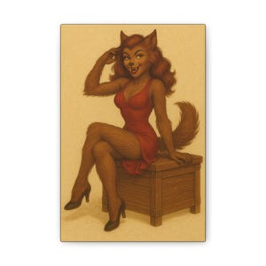 Werewolf Pin Up Lady Canvas Wall Art Print – Retro Vintage Sexy Monster Girl Halloween Home Decor