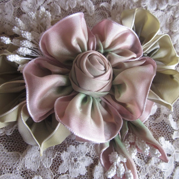 French Ombre Vintage Style Millinery Ribbonwork Flower Pin,Wedding, Hat, Stamens, Corsage,Applique