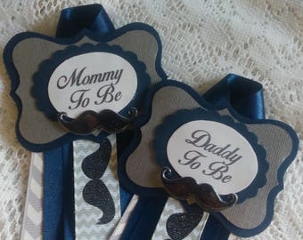 Mommy and Daddy to Be set, Mustache, Little Man, Chevron, Navy, Gray, Black, Corsage Pin, Baby Shower