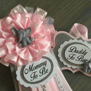Mommy and Daddy to Be Pin, Flower, Elephant , Pink, Grey, Silver, Add a guest pin, Corsage Pin, Baby shower corsage, girl