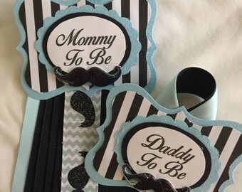 SALE- Mommy to be pin and Daddy to Be Set, Mustache, Little Man, Lt. Blue, Black, White, Corsage Pin, Baby Shower,