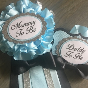 Mommy and Daddy to Be, Flower, Little Man, Bow Tie, Blue, Black, Silver, Add a guest pin, Corsage Pin,Baby Shower