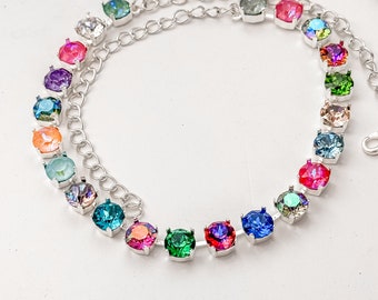 Rainbow confetti short crystal section necklace - 8mm austrian crystal necklace - bridal - multi - custom design