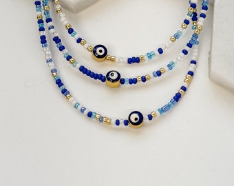 Evil eye necklace - seed bead necklace - dainty gold necklace - thin small blue turquoise necklace