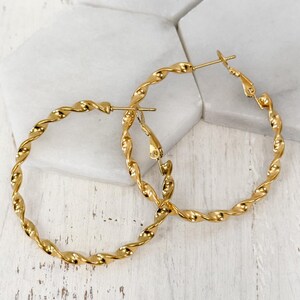 May include: A pair of gold-toned hoop earrings featuring a twisted, rope-like texture. The earrings are circular in shape and include a hinged post closure mechanism at the top, designed to secure the hoop when worn through the earlobe.