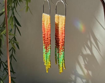 Desert sunrise seed bead fringe earrings - fringe earrings - silver - multicolor - boho