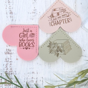 Just One More Chapter Bookmark - Floral Books Heart Corner Bookmark - Faux Leather Laser Engraved - Gift for Book Lovers