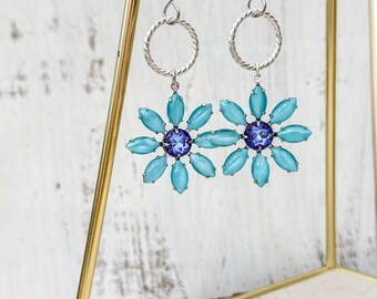 Vintage flower rhinestone drop earring - silver - geometric - turquoise - blue