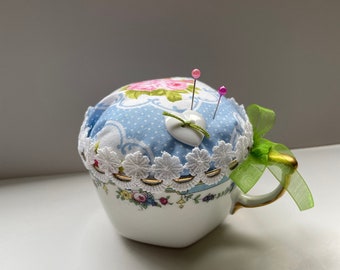 vintage tea cup pincushion for gifting