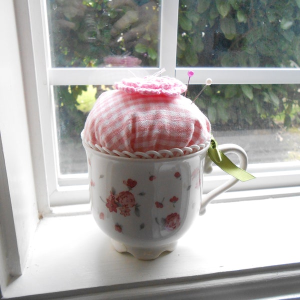 vintage pink tea cup pincushion for gifting mothers, grandmas, and friends