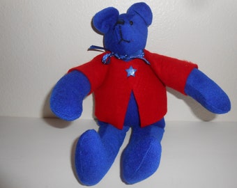 handmade fabric teddy bear with jacket red and blue 14 inches.......F