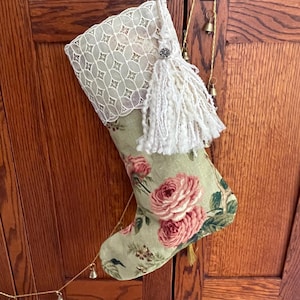 Linen floral Christmas Stocking with vintage lace top, Victorian Cottage core inspired