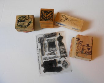 Sewing theme rubber stamps lot, vintage and newer