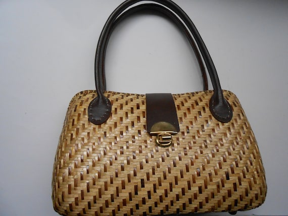 vintage straw purse, structured leather trim - image 1