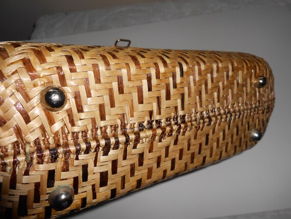 vintage straw purse, structured leather trim - image 3