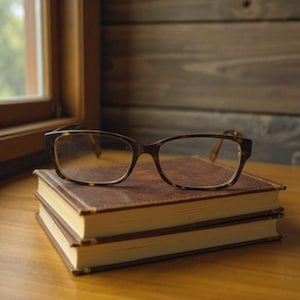 Può includere: Un paio di occhiali con montatura tartarugata poggiano su due libri rilegati in pelle. I libri sono marroni con bordi dorati. Lo sfondo presenta un muro di legno e una finestra, creando un'atmosfera calda.