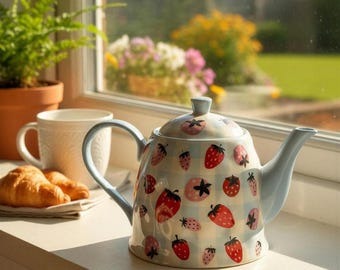 Grace Teaware Strawberry Gingham Tea Pot w/Lid Pink Red Blue