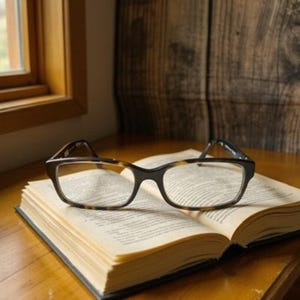 Puede incluir: Un par de gafas con montura negra y carey descansa sobre un libro abierto. Las páginas del libro están amarillentas y la escena está iluminada por la luz natural de una ventana. Las gafas tienen forma rectangular.