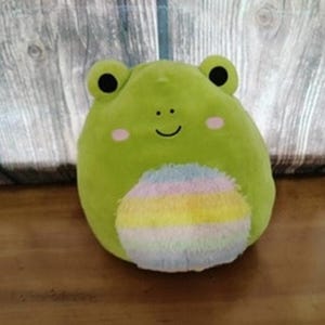 May include: A soft, green frog toy with a smiling face, pink cheeks, and black eyes. The frog features a colourful, striped belly in pastel shades. The toy is round and plush, suitable for children.