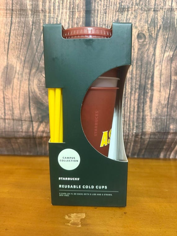 NEW In BOX Starbucks ASU Campus Collection Reusable Cold Cups Set of 5 w/  Straws