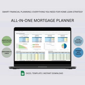Puede incluir: Un portátil negro muestra una hoja de cálculo de planificador hipotecario con gráficos y datos. El texto "ALL-IN-ONE MORTGAGE PLANNER" y "EXCEL TEMPLATE | INSTANT DOWNLOAD" son visibles. Los gráficos circulares indican "AMORTIZATION CALCULATOR", "SERVICEABILITY CHECK", "EXTRA REPAYMENT STRATEGY" e "INTEREST RATE TRACKER".