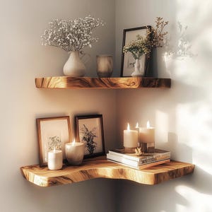 Live Edge Wood Corner Floating Shelf: Japandi Minimalist Decor