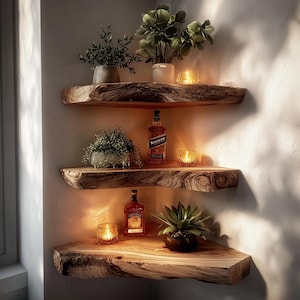 Live Edge Corner Shelf: Rustic Solid Wood Floating Shelves